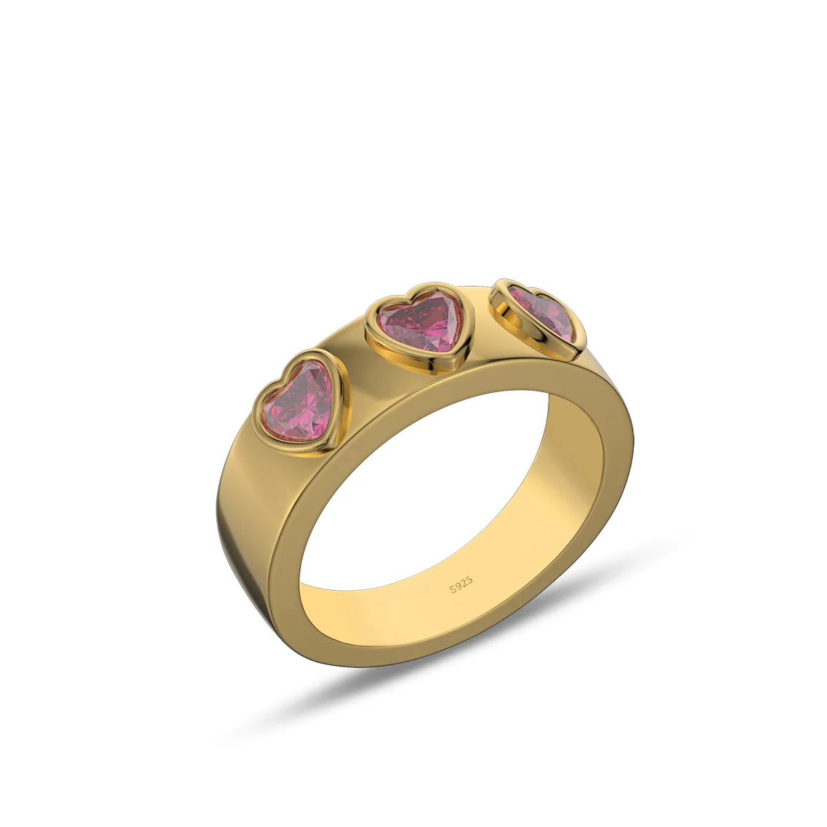 Three Heart Cut Ruby Red Sterling Silver Yellow Gold Bezel Promise Ring