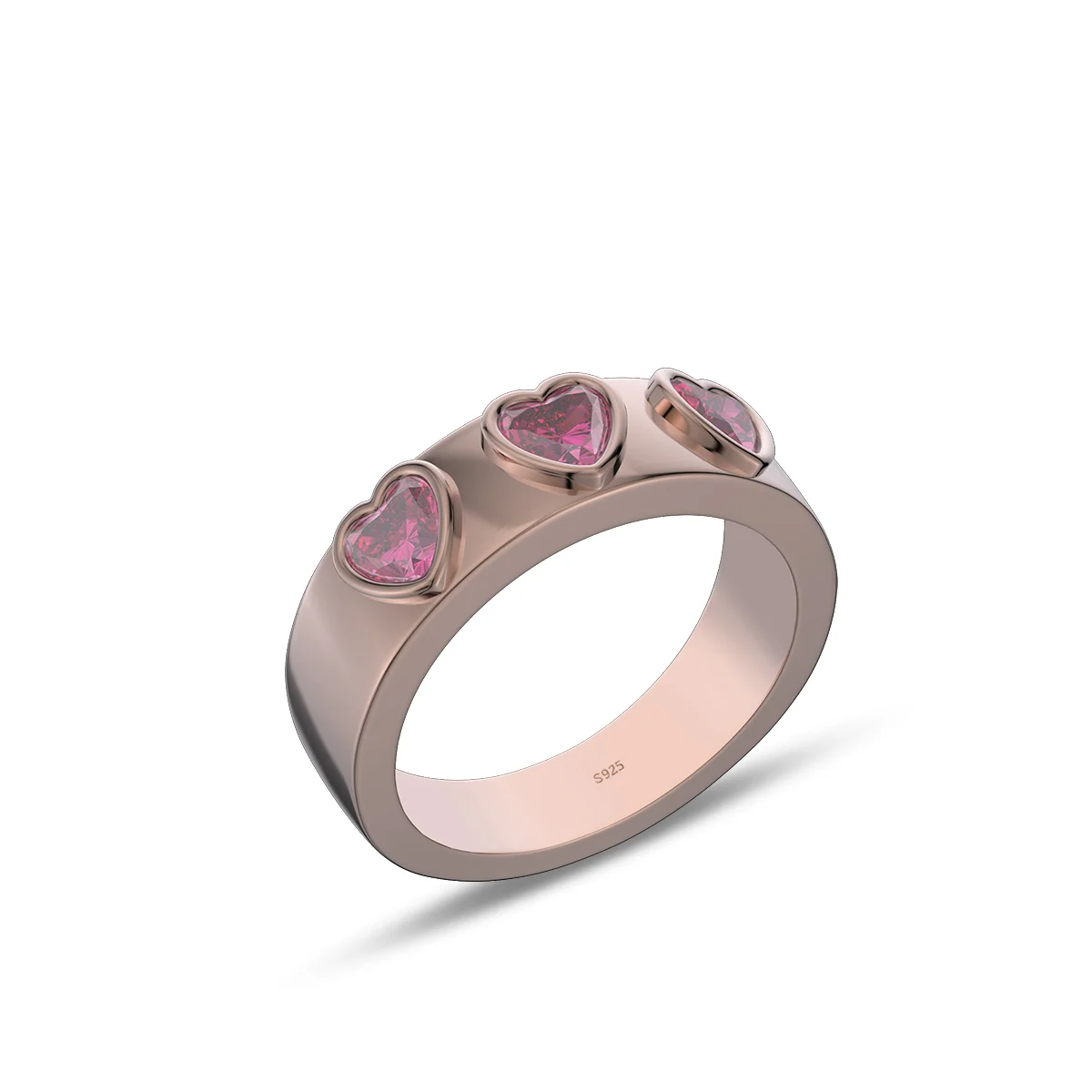 Three Heart Cut Ruby Red Sterling Silver Rose Gold Bezel Promise Ring