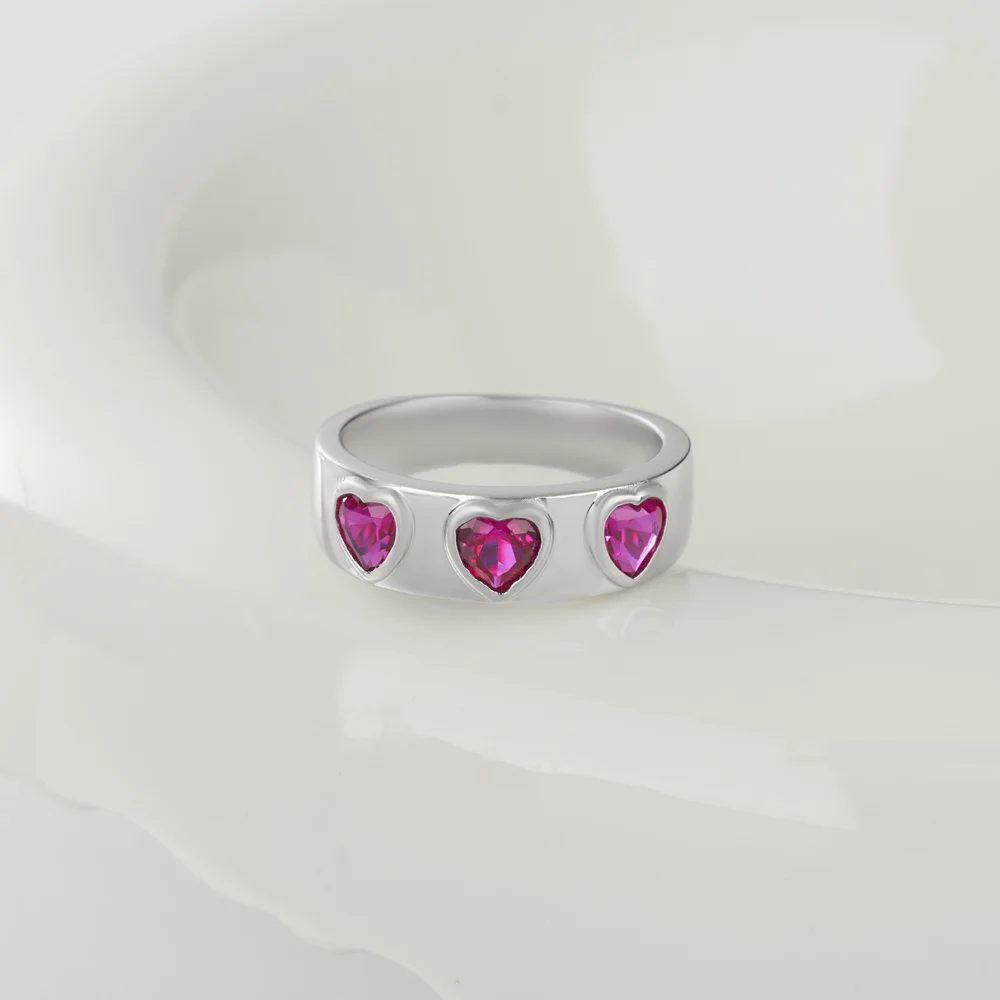 Three Heart Cut Ruby Red Sterling Silver Bezel Promise Ring