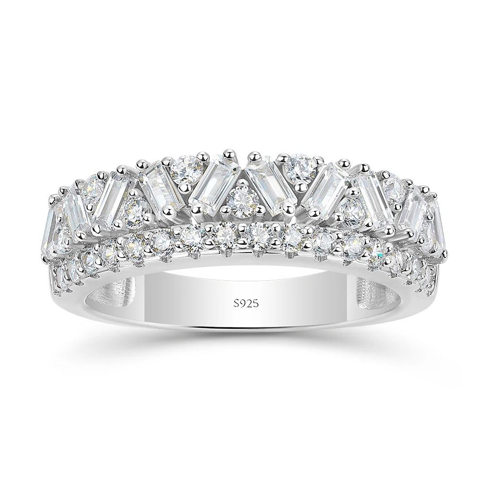 Baguette and Round Cut Two-Row Diamond White Sterling Silver Ring