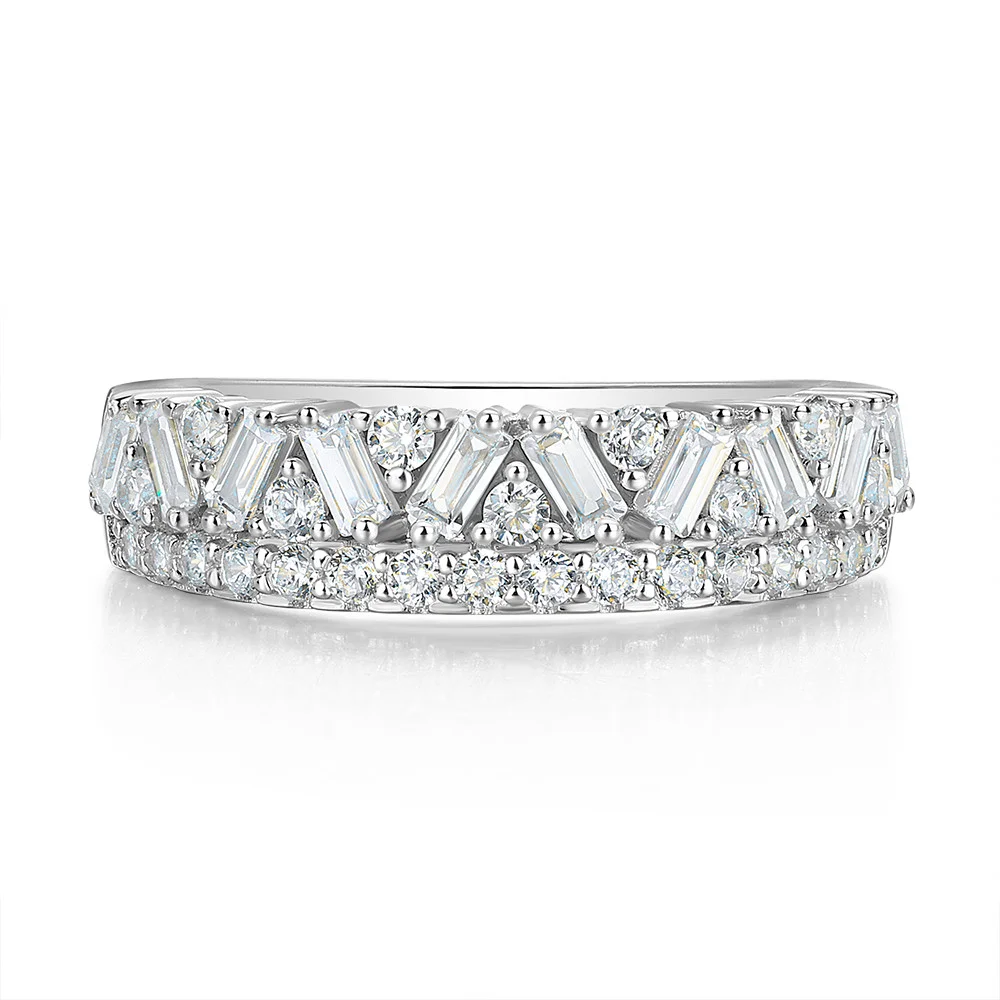 Baguette and Round Cut Two-Row Diamond White Sterling Silver Ring