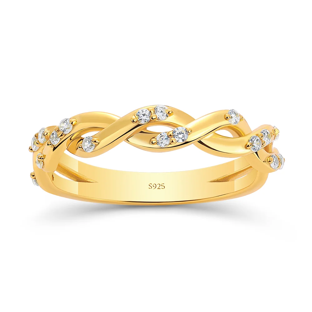 Round Cut Diamond White Sterling Silver Twisted Yellow Gold Wedding Ring