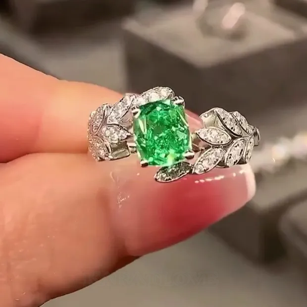 Radiant Cut Emerald Green Art Deco Engagement Ring in 925 Sterling Silver