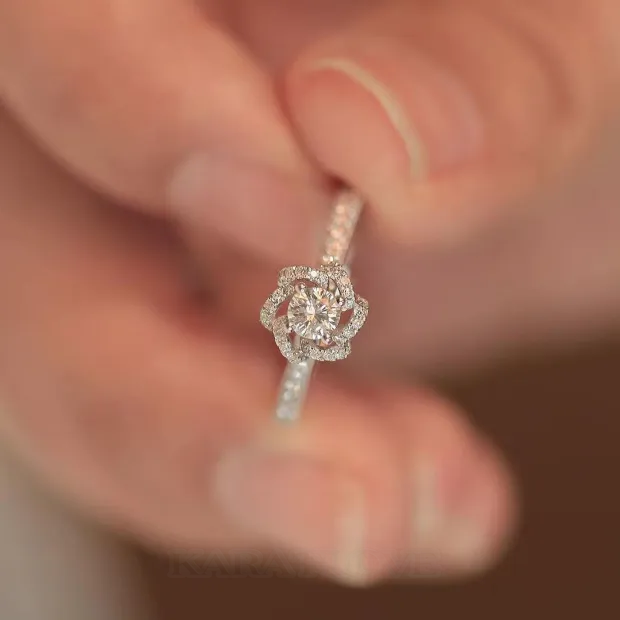 Round Cut Diamond White Halo Engagement Ring in 925 Sterling Silver