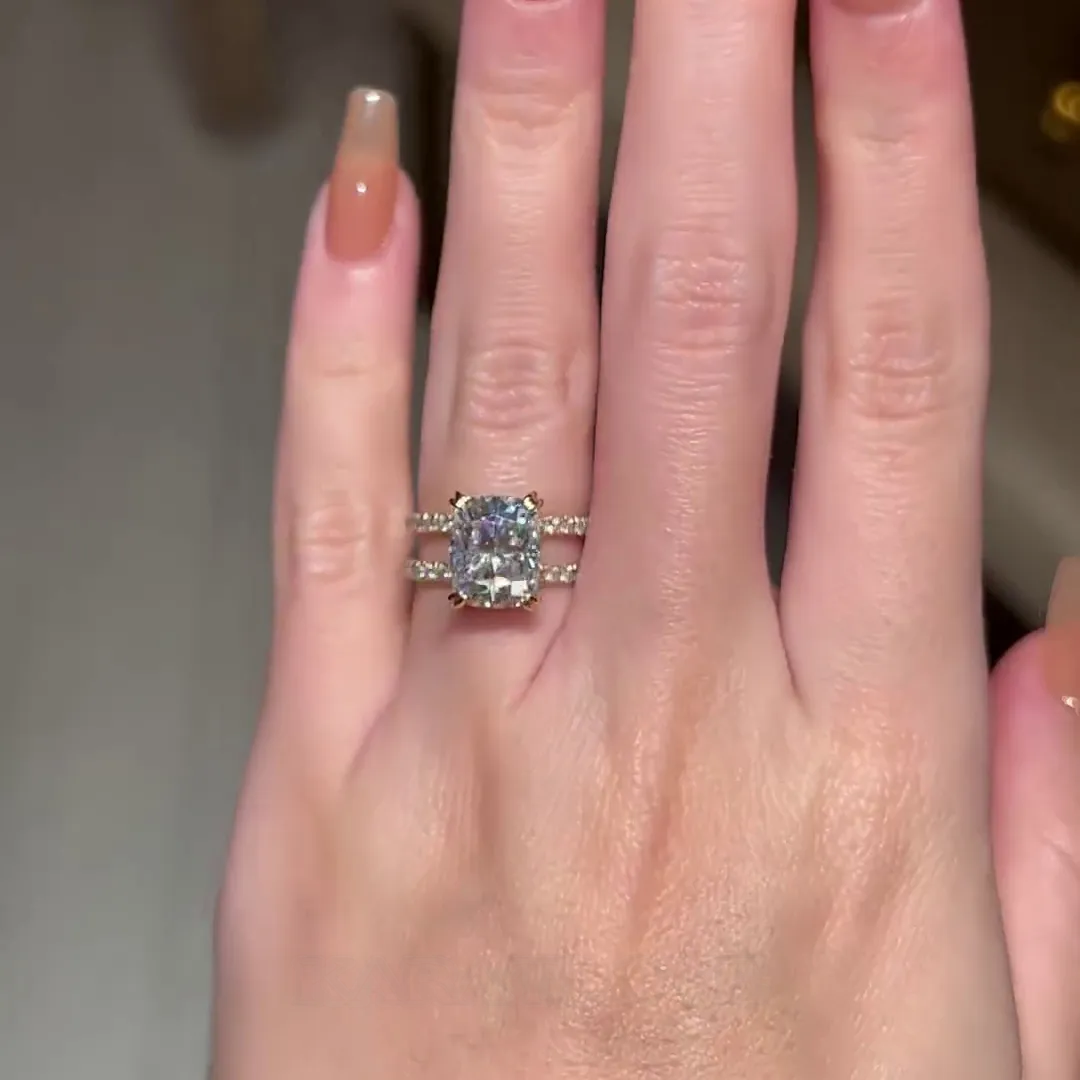 Radiant Cut Diamond White Hidden Halo 925 Sterling Silver Yellow Gold Engagement Ring