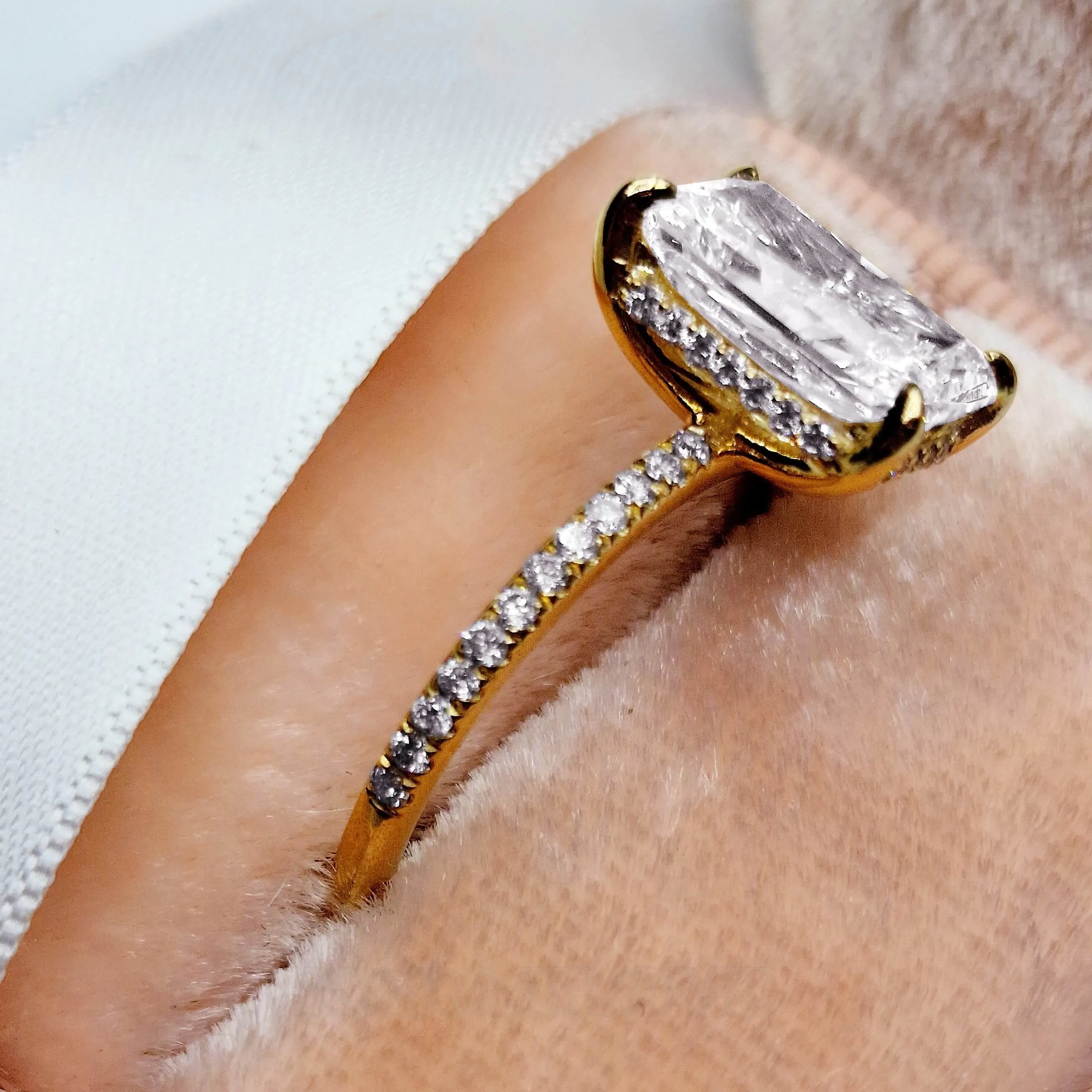 Radiant Cut Diamond White 925 Sterling Silver Yellow Gold Hidden Halo Engagement Ring