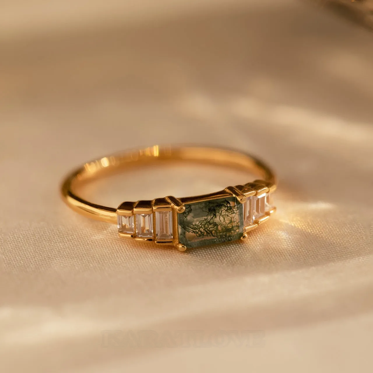 Radiant Cut Peridot Green Agate 925 Sterling Silver Yellow Gold Minimalist Engagement Ring