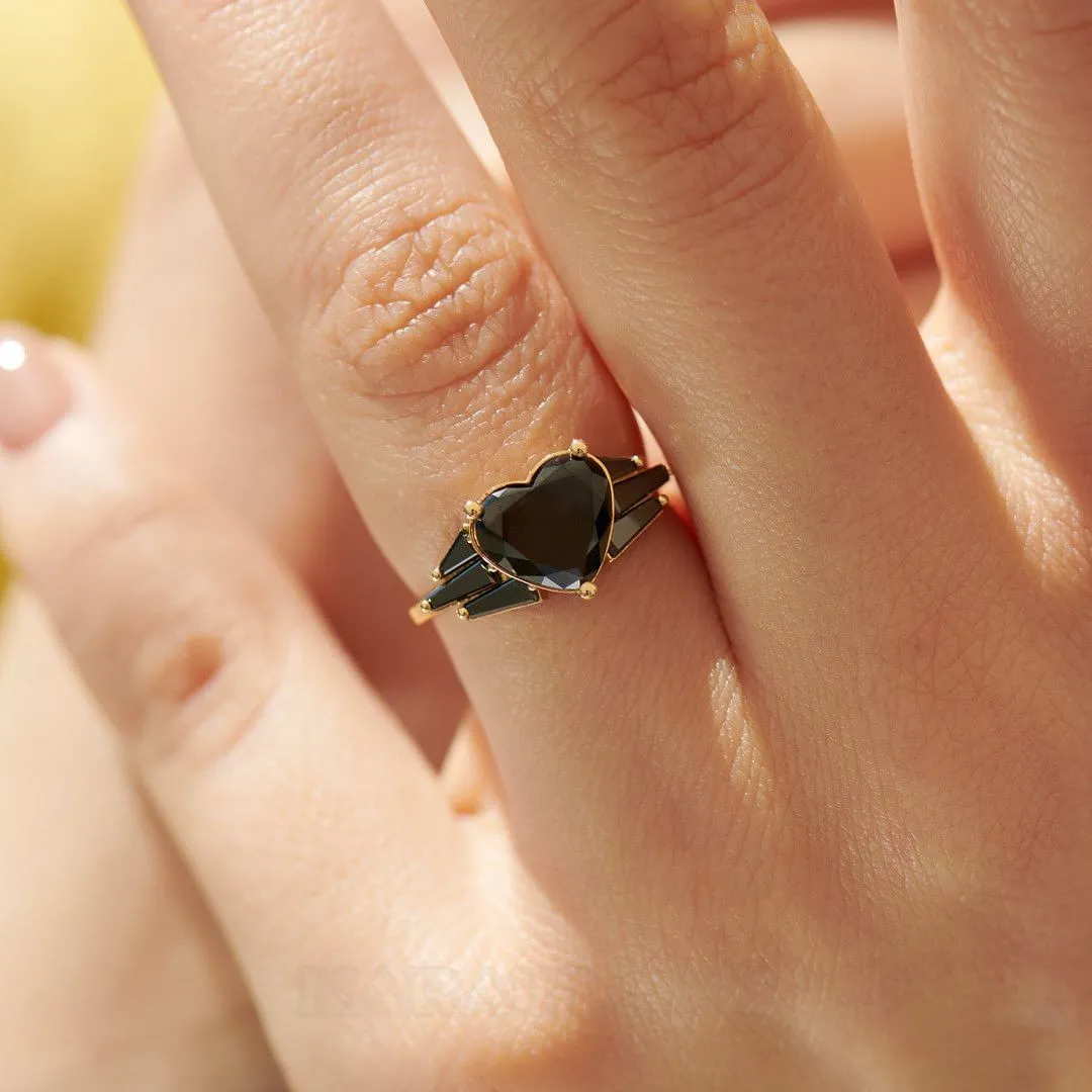Heart Cut Fancy Black 925 Sterling Silver Yellow Gold Art Deco Engagement Ring