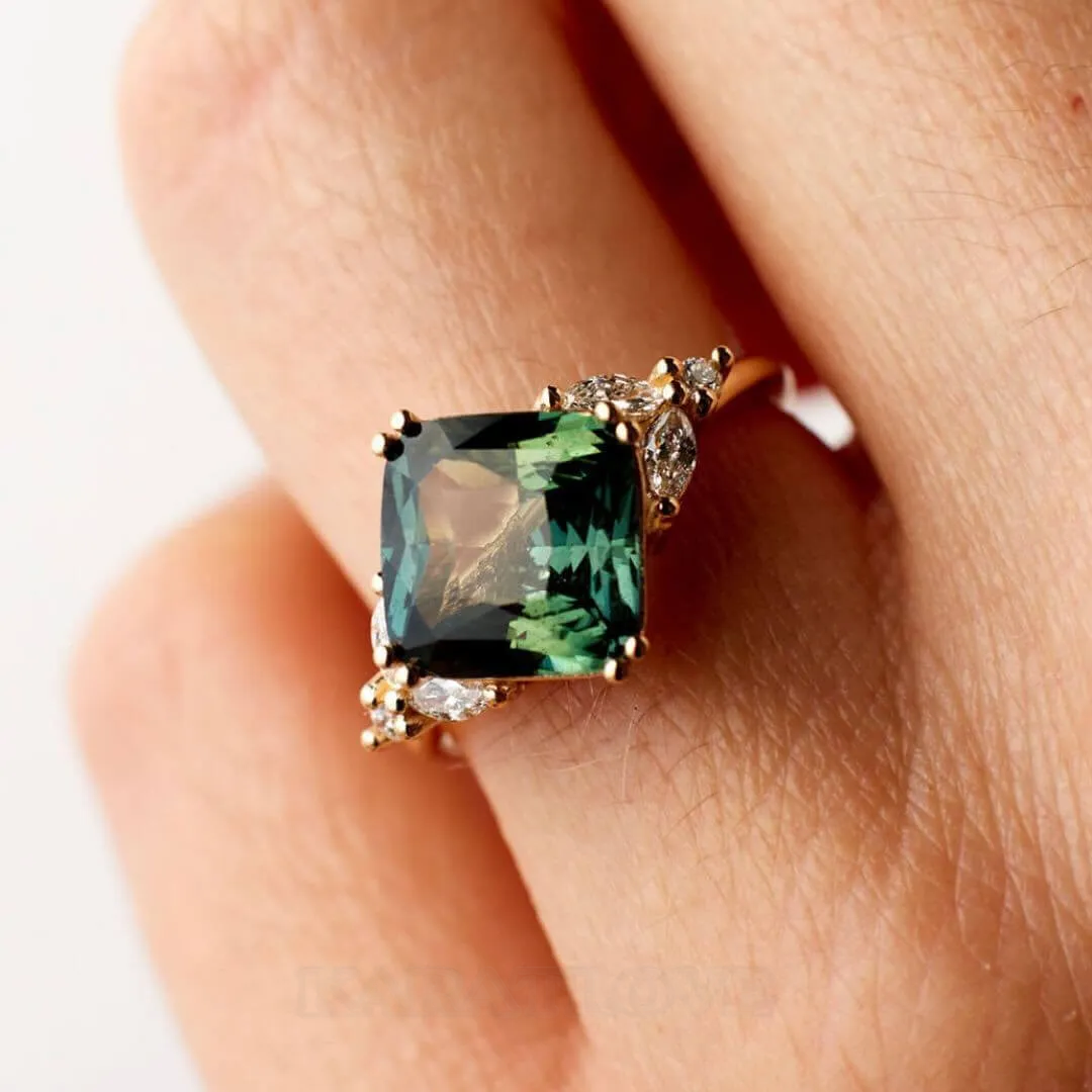 Princess Cut Emerald Green 925 Sterling Silver Yellow Gold Art Deco Engagement Ring