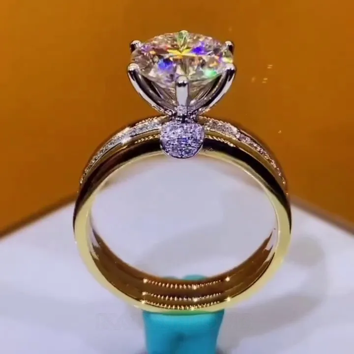 Round Cut Diamond White 925 Sterling Silver Art Deco Yellow Gold Two-tone Engagement Ring