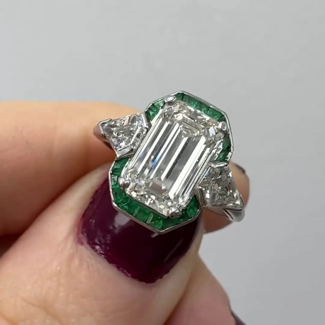 Emerald Diamond White Sterling Silver Halo 3-Stone Engagement Ring