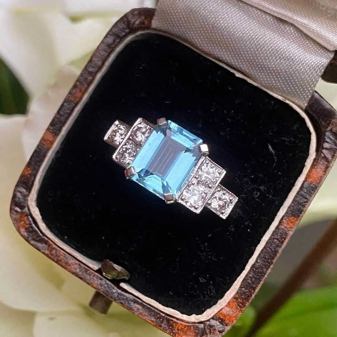 Emerald Cut Aquamarine Sterling Silver Art Deco Engagement Ring Emerald Cut Aquamarine Sterling Silver Art Deco Engagement Ring