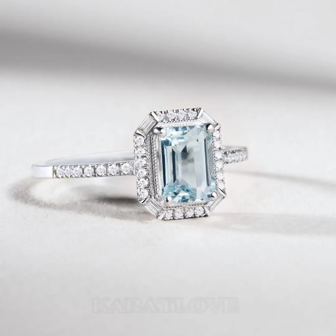 Emerald Cut Aquamarine Sterling Silver Halo Engagement Ring