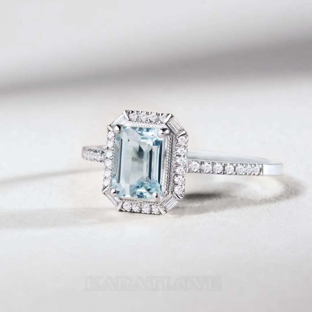 Emerald Cut Aquamarine Sterling Silver Halo Engagement Ring