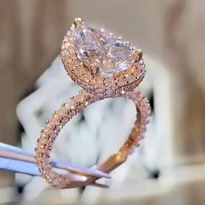 Pear Cut Diamond White Sterling Silver Rose Gold Halo Engagement Ring