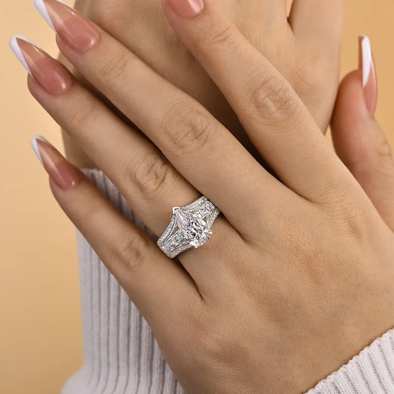 Pear Cut Diamond White Sterling Silver Art Deco Engagement Ring