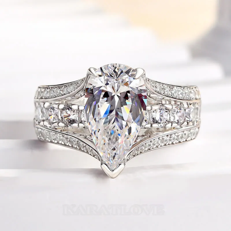 Pear Cut Diamond White Sterling Silver Art Deco Engagement Ring
