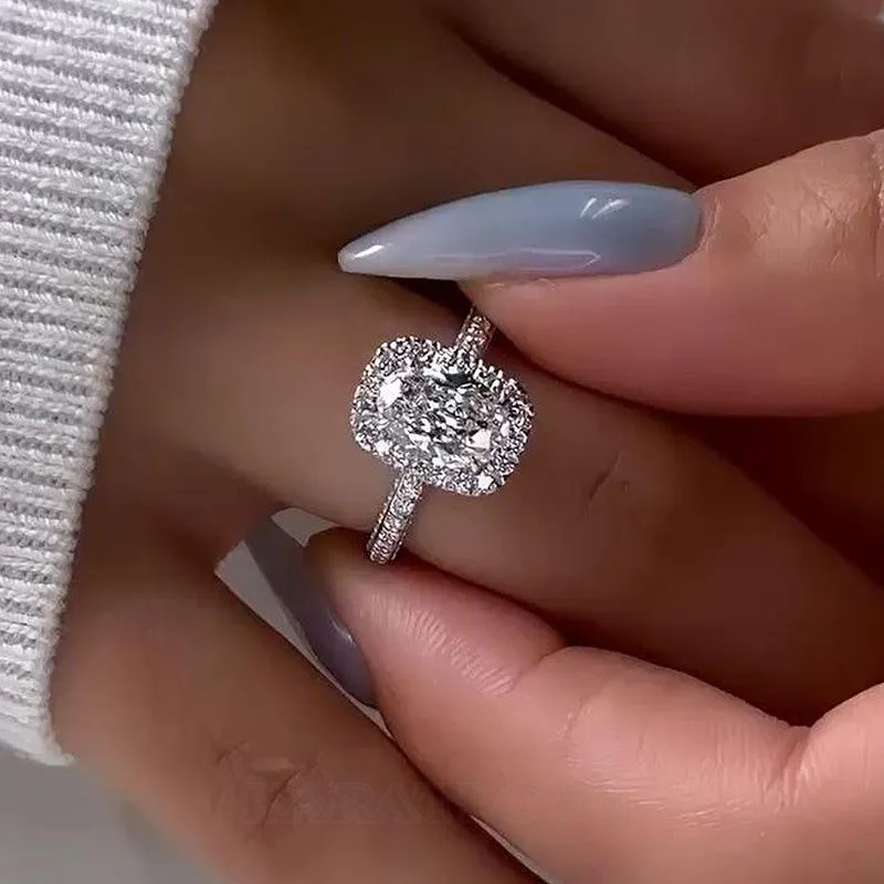 Oval Cut Diamond White Sterling Silver Halo Engagement Ring