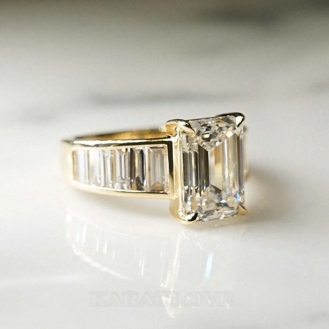 Emerald Cut Diamond White Sterling Silver Yellow Gold Engagement Ring Emerald Cut Diamond White Sterling Silver Yellow Gold Engagement Ring