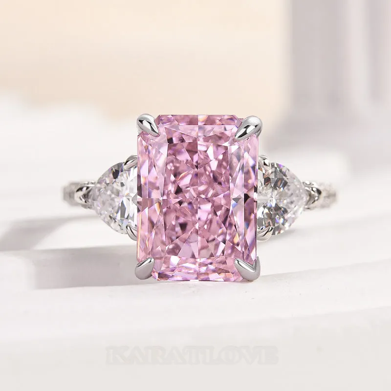 Radiant Cut Fancy Pink Sterling Silver 3-Stone Engagement Ring