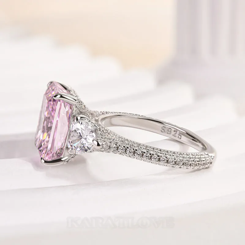 Radiant Cut Fancy Pink Sterling Silver 3-Stone Engagement Ring