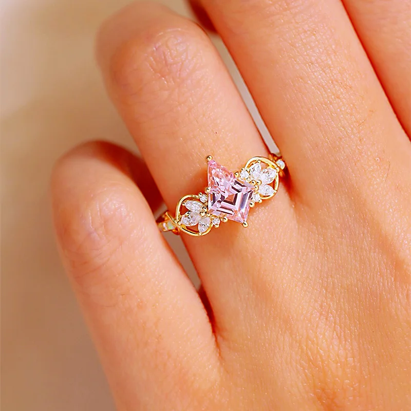 Pear Cut Fancy Pink 925 Sterling Silver Yellow Gold Engagement Ring