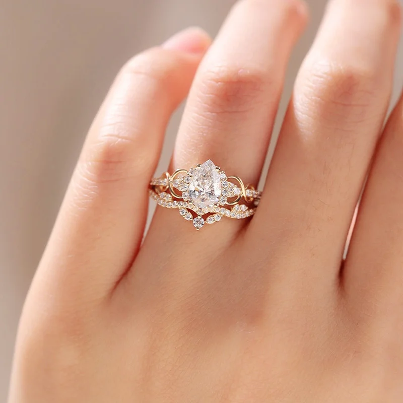 Pear Cut Diamond White Sterling Silver Yellow Gold Engagement Ring