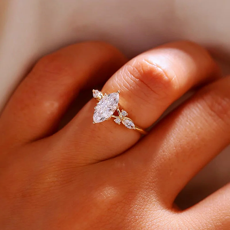 Marquise Cut Diamond White Sterling Silver Yellow Gold Engagement Ring Marquise Cut Diamond White Sterling Silver Yellow Gold Engagement Ring