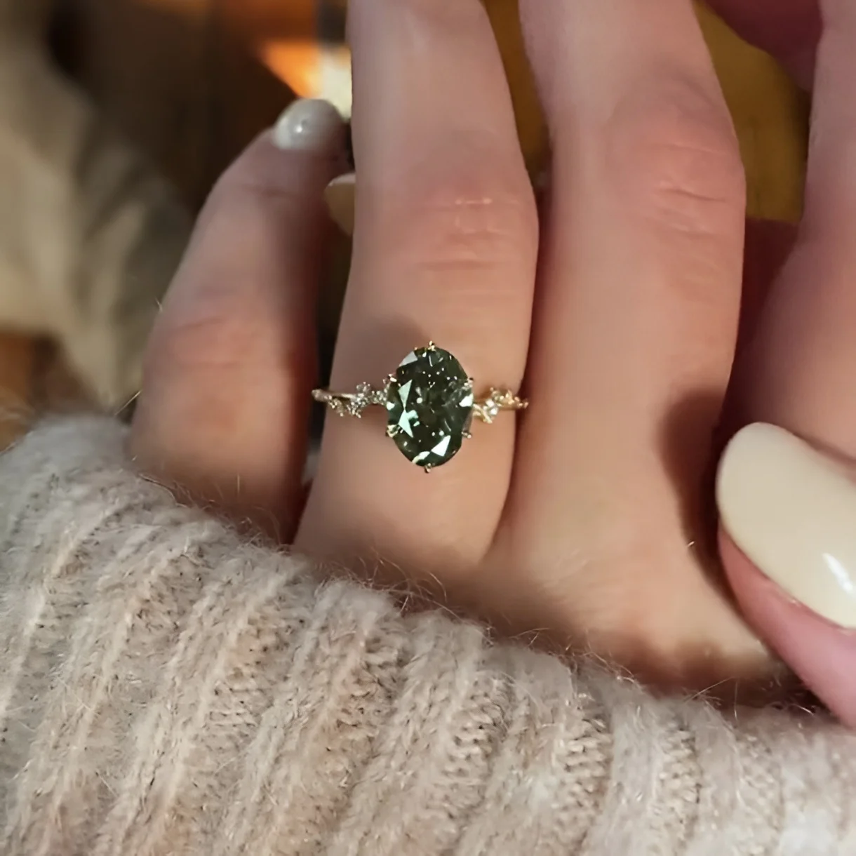 Oval Cut Peridot Green Sterling Silver Yellow Gold Engagement Ring