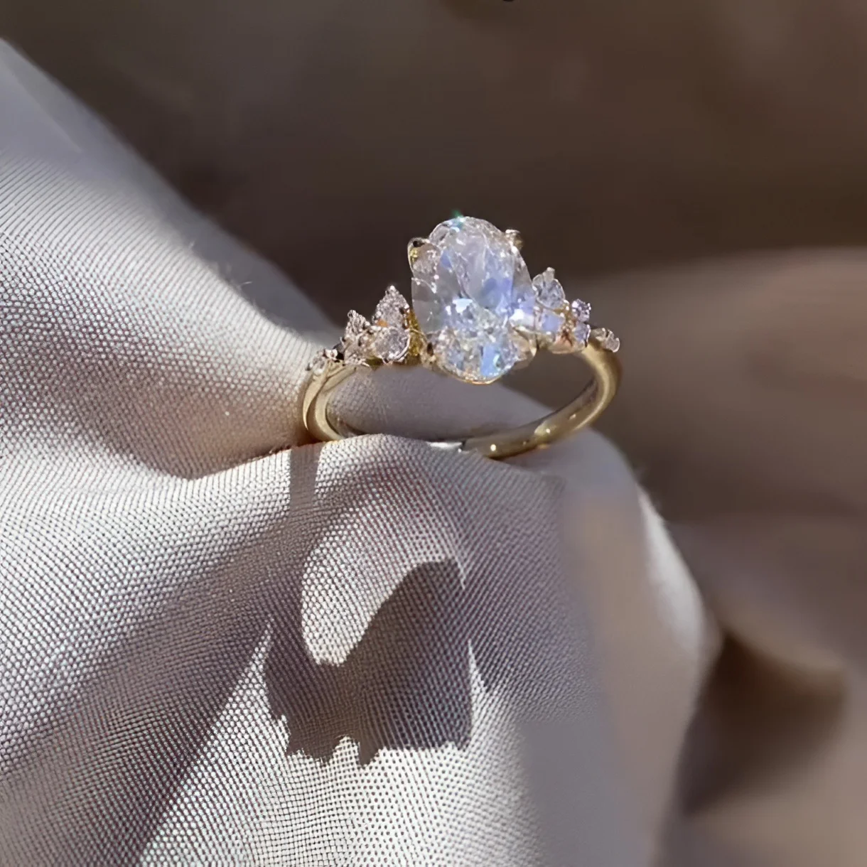 Oval Cut Diamond White Sterling Silver Yellow Gold Engagement Ring