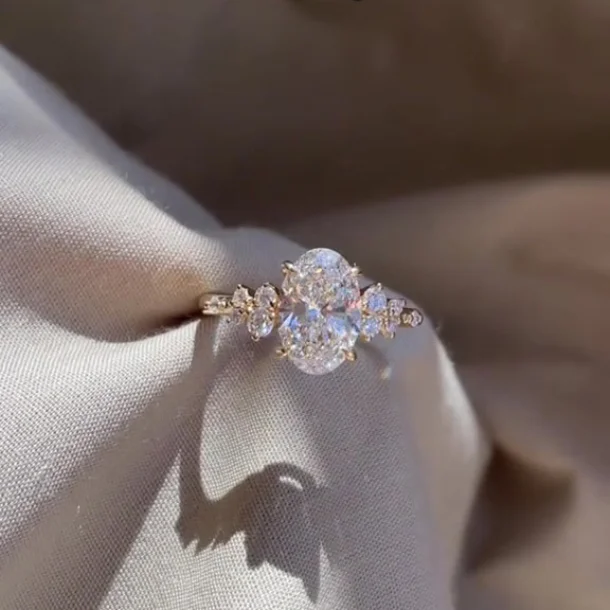 Oval Cut Diamond White Sterling Silver Yellow Gold Engagement Ring