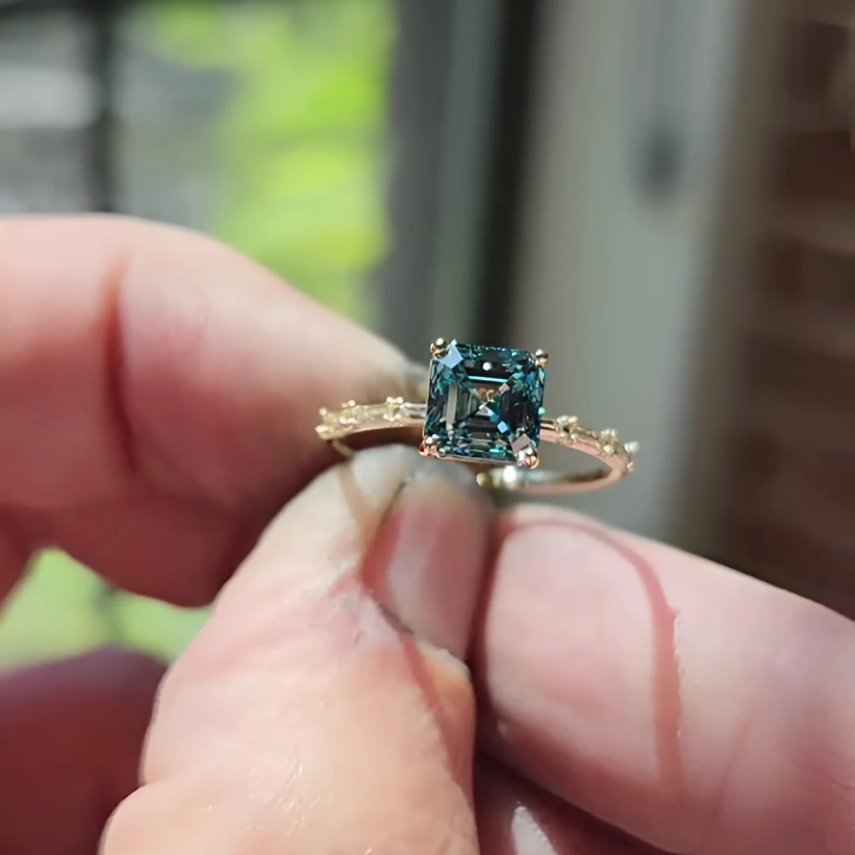 Asscher Cut Aquamarine Blue Sterling Silver Yellow Gold Engagement Ring