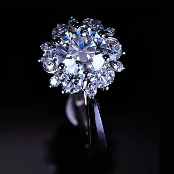 Round Cut Diamond White Sterling Silver Halo Engagement Ring