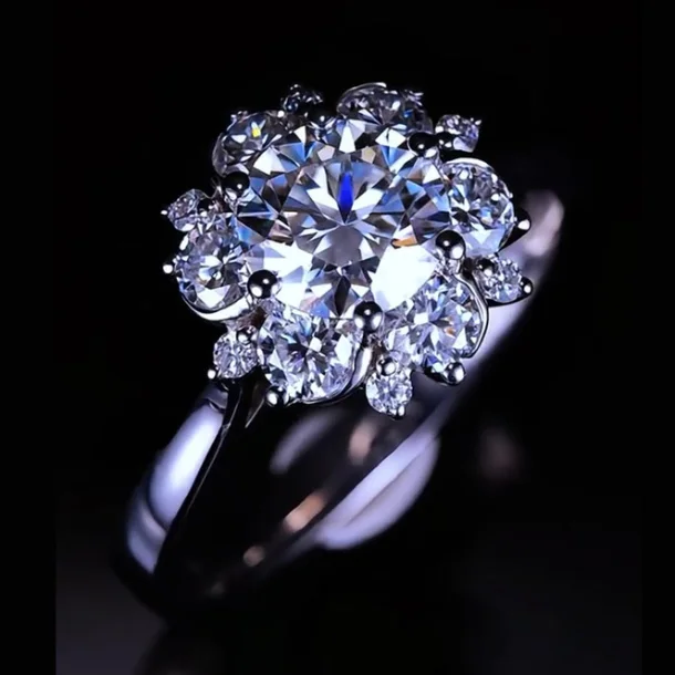 Round Cut Diamond White Sterling Silver Halo Engagement Ring