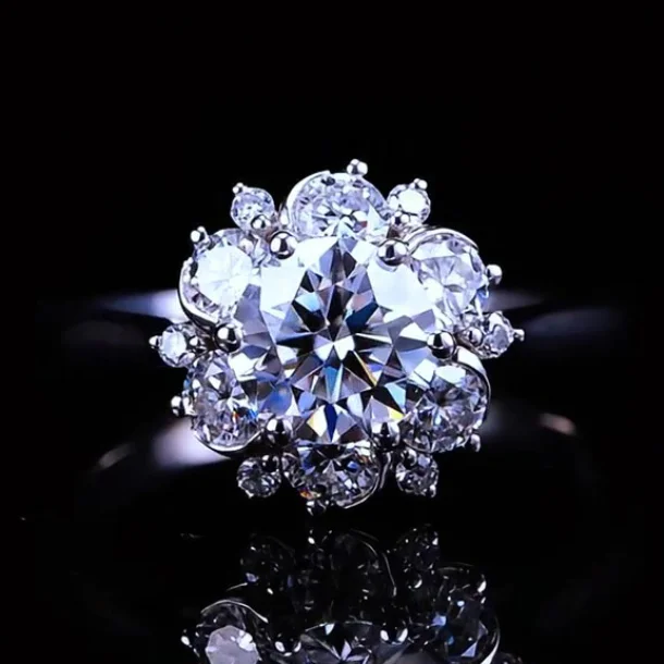 Round Cut Diamond White Sterling Silver Halo Engagement Ring