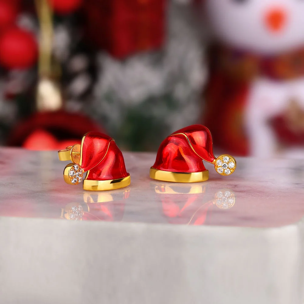 Round Cut Diamond White Yellow Gold Sterling Silver Santa Hat Stud Earrings
