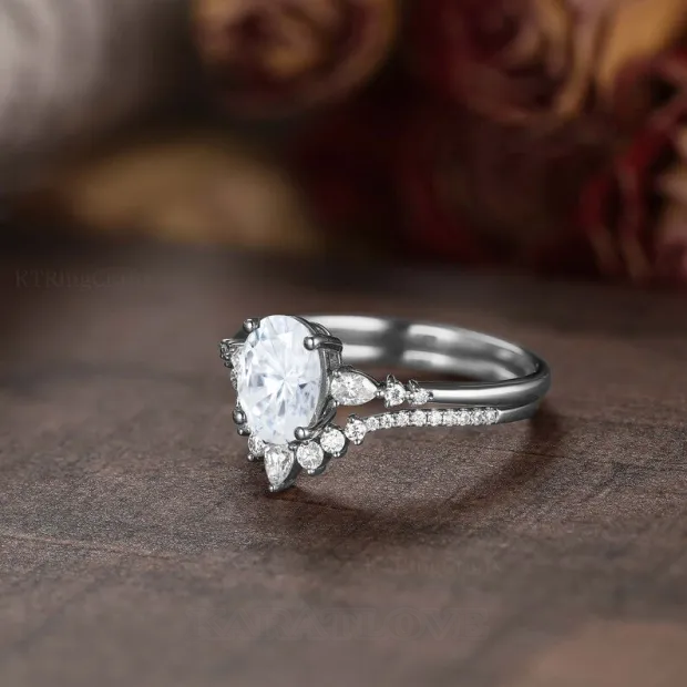 Oval Cut Diamond White Classic 3-Stone 925 Sterling Silver Ring Set