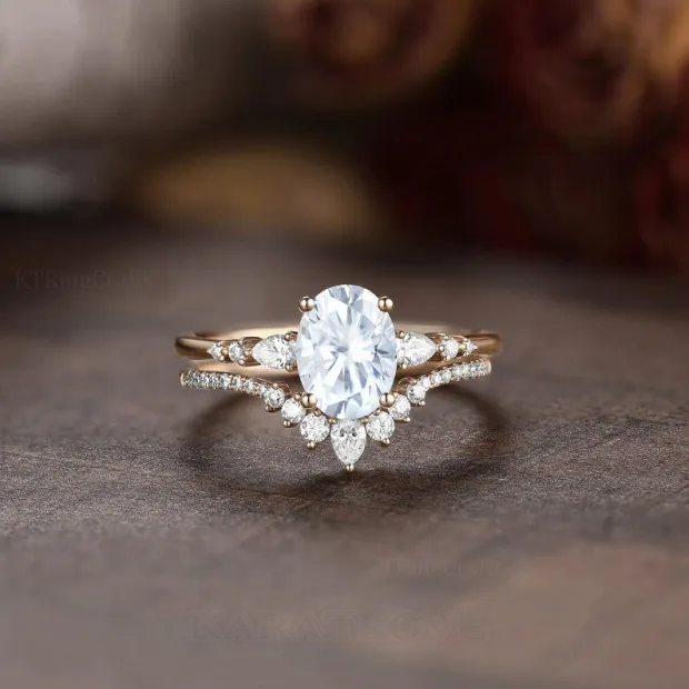 Oval Cut Diamond White Classic 3-Stone 925 Sterling Silver Ring Set