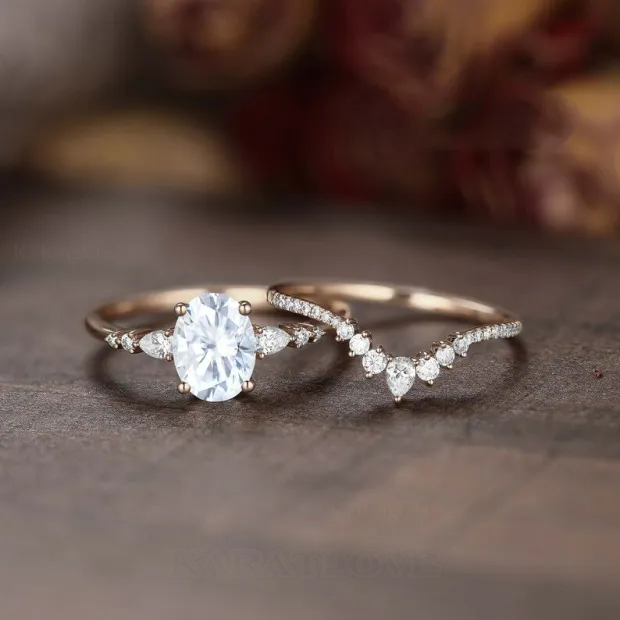 Oval Cut Diamond White Classic 3-Stone 925 Sterling Silver Ring Set