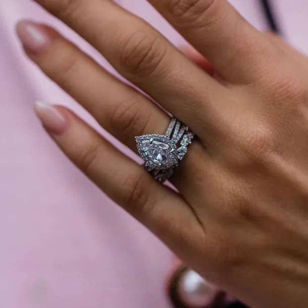 Pear Cut Diamond White Halo 3-Piece 925 Sterling Silver Ring Set