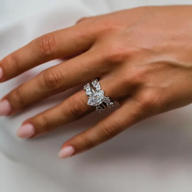 Pear Cut Diamond White Solitaire 3-Piece 925 Sterling Silver Ring Set