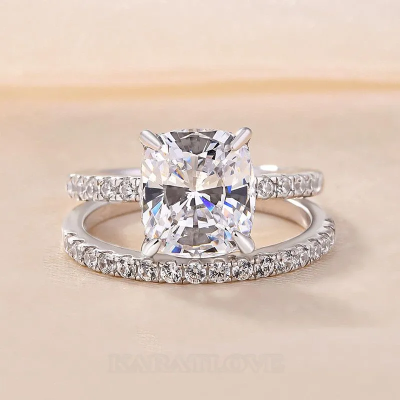 Cushion Cut Diamond White Sterling Silver Halo Ring Set