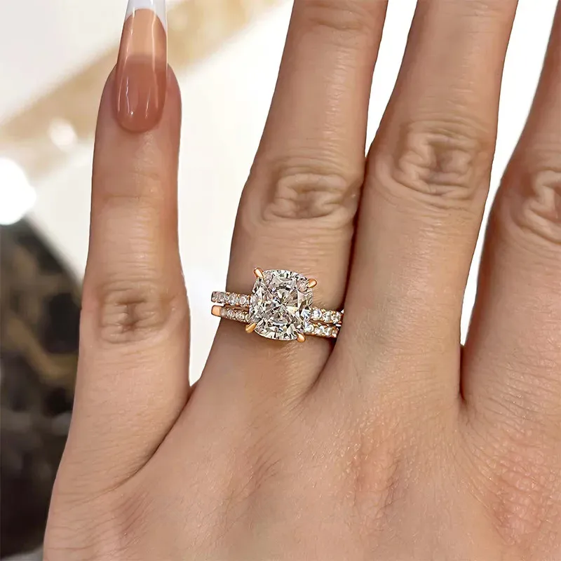 Cushion Cut Diamond White Sterling Silver Halo Ring Set