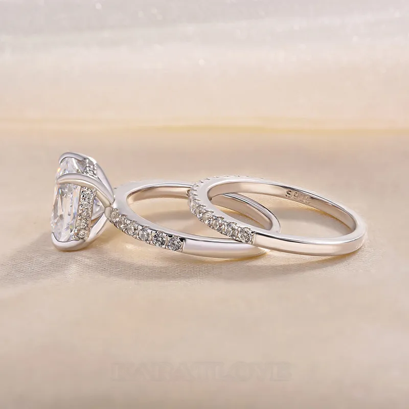 Cushion Cut Diamond White Sterling Silver Halo Ring Set