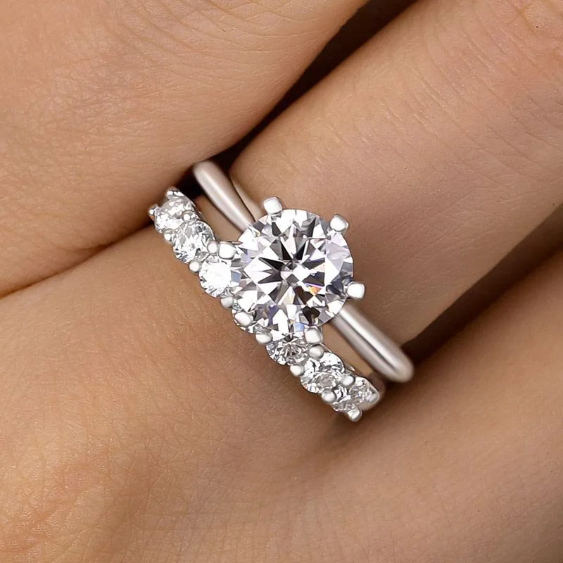 Round Cut Diamond White Sterling Silver Solitaire Ring Set