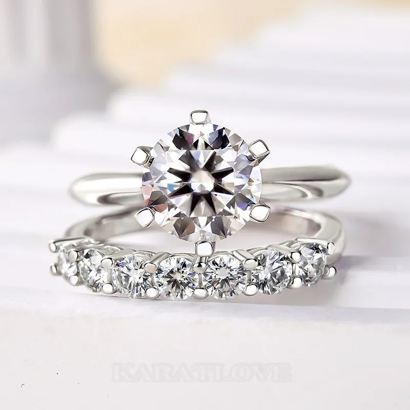 Round Cut Diamond White Sterling Silver Solitaire Ring Set