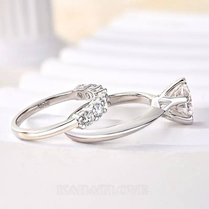 Round Cut Diamond White Sterling Silver Solitaire Ring Set