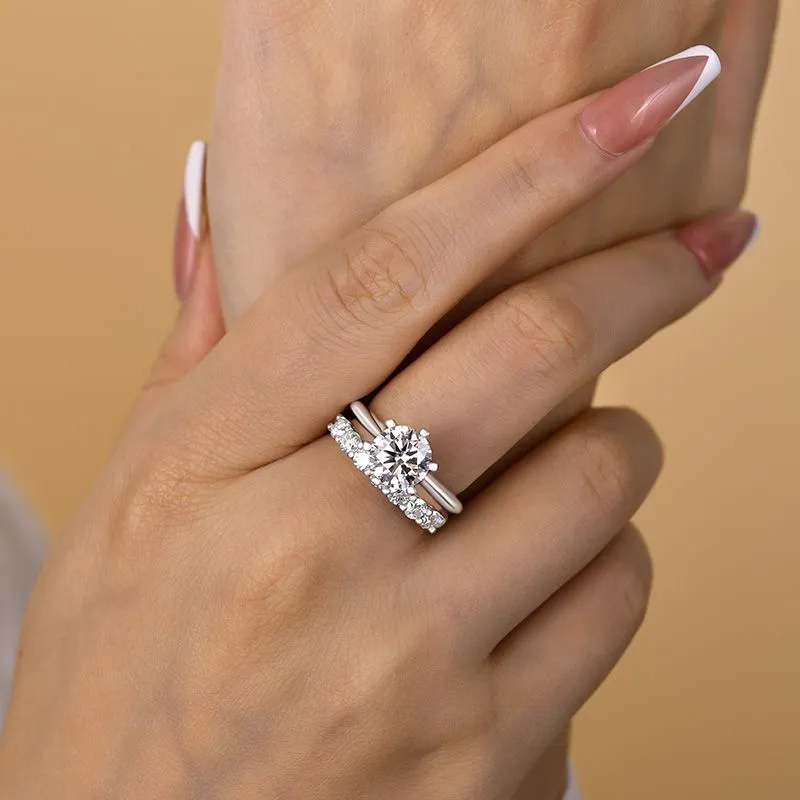 Round Cut Diamond White Sterling Silver Solitaire Ring Set
