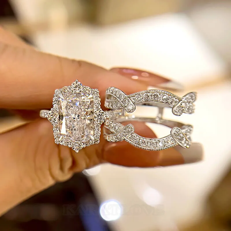 Radiant Cut Diamond White Sterling Silver Insert Halo Ring Set