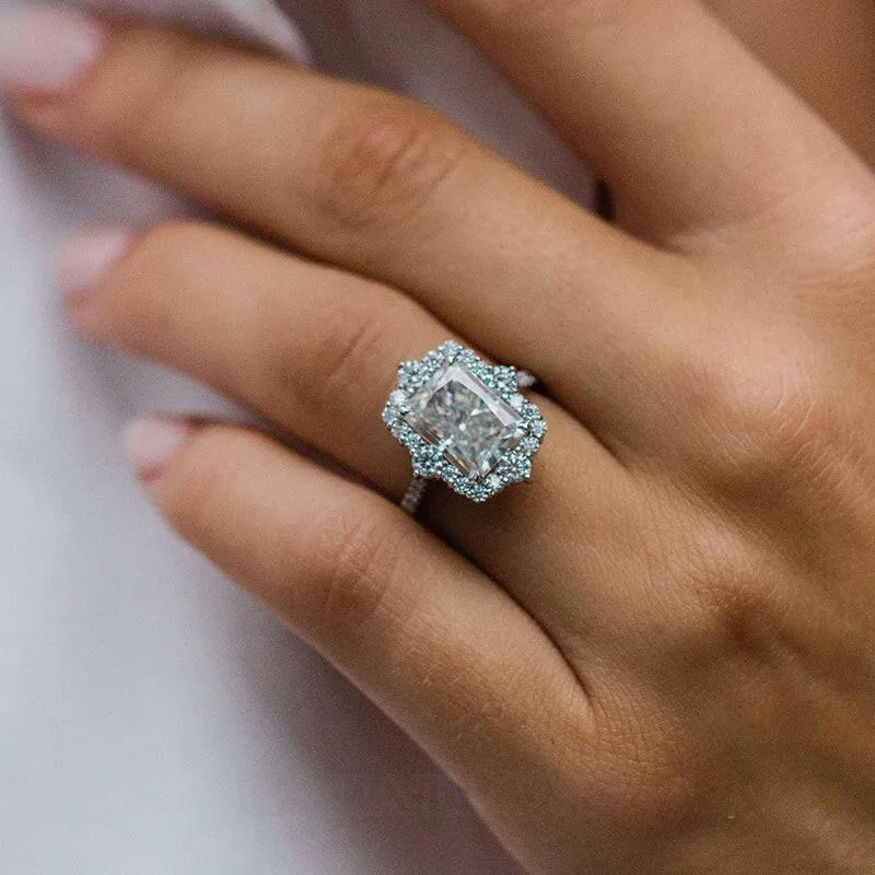 Radiant Cut Diamond White Sterling Silver Insert Halo Ring Set